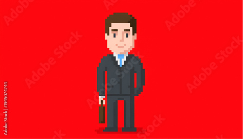 Pixel art businessman character wearing suit and holding briefcase for corporate and professional career concept