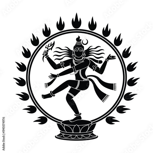 Natraj depiction Shiva dancing within a flaming halo in black and white
