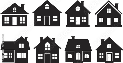 Residential house icons collection, suburban family homes silhouettes, real estate property buildings vector illustration set isolated
