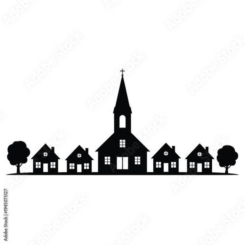 Silhouette of a small town featuring a church and several houses