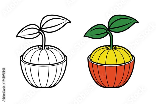 Illustration of a small plant sprout growing from a round fruit bowl in black and white and color