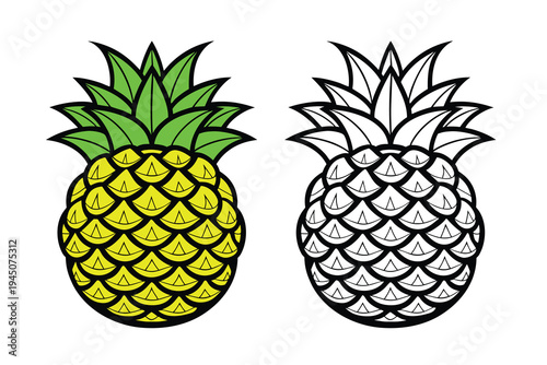  pineapple illustrations featuring one in full color and one as a black and white line drawing