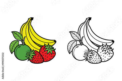 Colorful and black and white fruit illustration featuring bananas, strawberries, and a lime