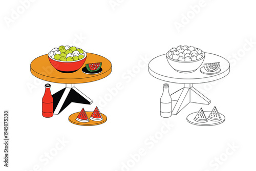 Illustration of a table with a bowl of fruit and slices of watermelon in color and outline