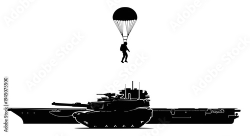 Paratrooper Jumps Over Aircraft Carrier with Tank Silhouette