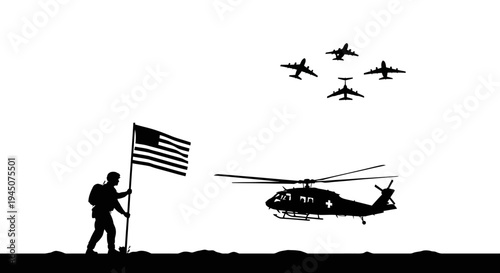 Patriotic Soldier Salutes American Flag with Military Aircraft Flyover