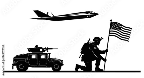 Patriotic Soldier with US Flag, Humvee, and Jet - Symbol of American Military Power