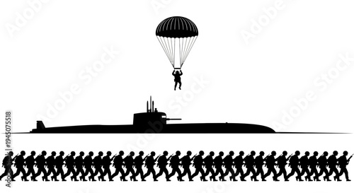 Paratrooper landing near submarine with marching soldiers, military invasion concept