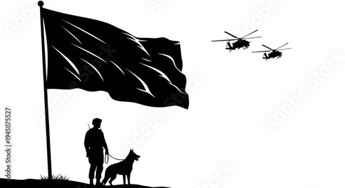 Patriotic Soldier with Dog and Helicopters Under American Flag Silhouette