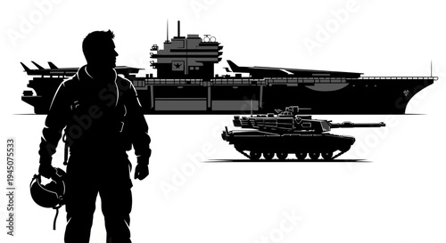 Pilot Silhouette, Aircraft Carrier, and Tank: Military Power and Modern Warfare
