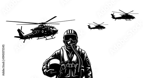 Pilot in Flight Suit with Helicopters in Background, Military Aviation Concept