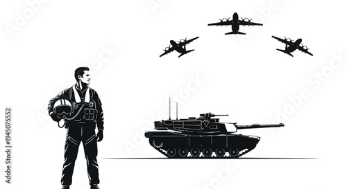 Pilot with Tank and Airplanes, Military Power and Air Force Concept