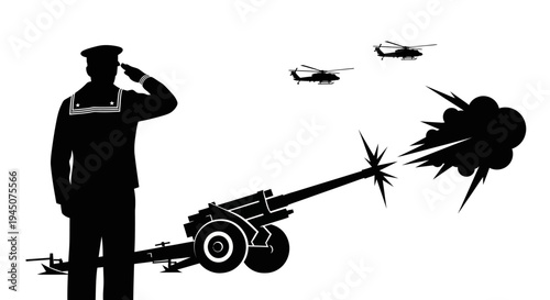 Sailor Salutes Military Parade with Cannon and Helicopters in Silhouette