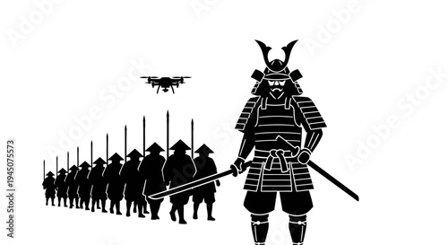 Samurai Warrior and Drone with Army of Soldiers