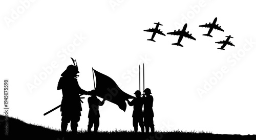 Samurai Warrior and Modern Jets Silhouette on Hilltop