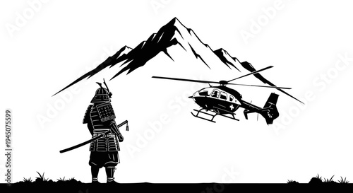 Samurai warrior facing a helicopter against a mountain backdrop, contrasting past and present.