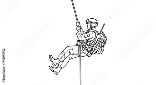 Soldier Rappelling Down Rope with Medical Backpack - Military Rescue Operation