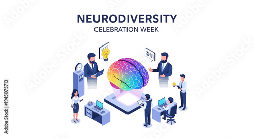 Illustration of diverse people celebrating Neurodiversity Celebration Week with colorful brain graphics and office elements in a vector design.