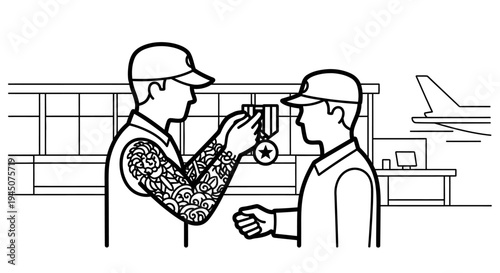 Soldier receives medal at airport, military award ceremony, honor, recognition, travel