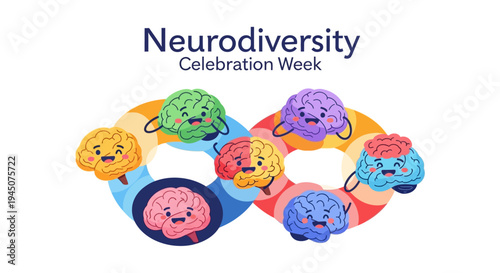 Colorful illustration of diverse cartoon brains forming a circle, celebrating Neurodiversity Celebration Week with vibrant hues and playful designs on a white background.