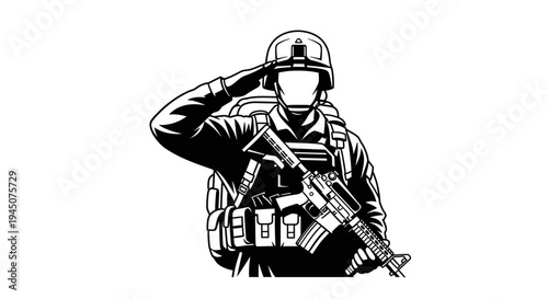 Soldier Saluting with Rifle, Military Camouflage, Tactical Gear, Helmet, Ready for Duty