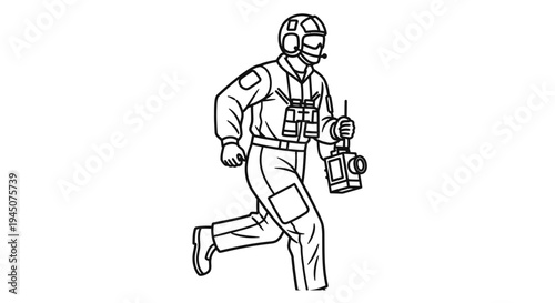 Soldier running with radio and flashlight, military, tactical gear, action, combat, illustration