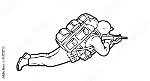 Soldier with Backpack Aiming Rifle, Military Action, Combat Ready, Lying Down