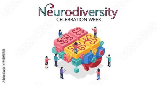 Illustration of people standing around a large puzzle with Neurodiversity Celebration Week text in a colorful, symbolic design against a clean white background.