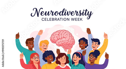 Illustration of diverse people celebrating Neurodiversity Celebration Week with a brain symbol, vector graphics on a white background, conveying awareness and acceptance with colorful, flat