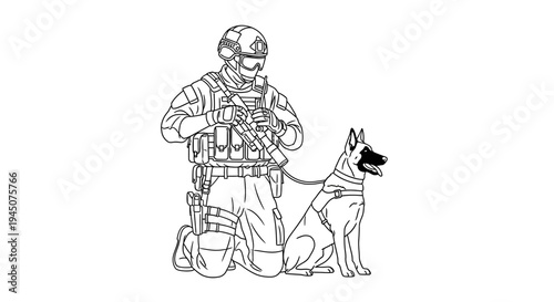 Soldier with Military Dog on Duty, Tactical Gear, K9 Unit, Special Forces, Law Enforcement, Protection