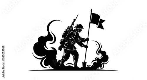 Soldier with Flag, Silhouette of WWI Soldier Advancing Through Smoke, Military Symbolism