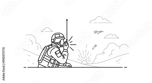 Soldier with radio in combat zone, explosion and aircraft in background, line art illustration
