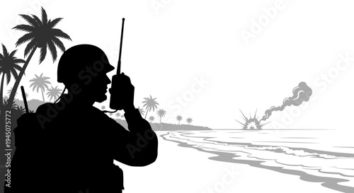 Soldier with Radio on Beach, Tropical Island, Combat Explosion in Background