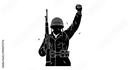 Soldier with Rifle Raised Fist Silhouette Victory Symbol Military Power