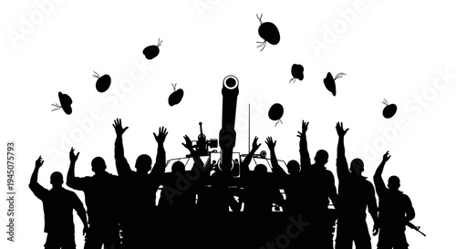 Soldiers Celebrating Victory Throwing Hats in Air with Artillery Gun Silhouette
