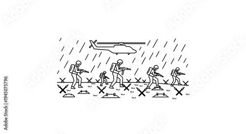 Soldiers advancing through rain and obstacles with helicopter overhead