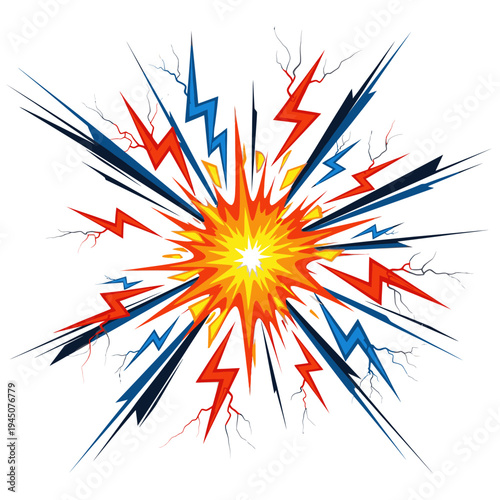Electricity explosion with colorful lightning bolts and energy burst