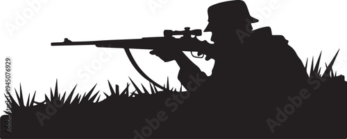 Black silhouette of man aiming rifle with scope in grass