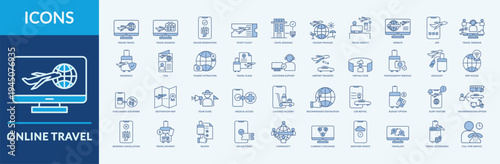 Online Travel - Icon Collection. Thin Line Blue Set contains such Icons as travel agency, visa, recommended destination and more. Simple web icons set