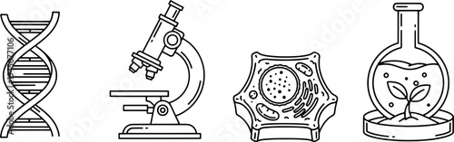 Clean outline laboratory and genetic engineering symbols collection, "Created with AI assistance and manually refined."