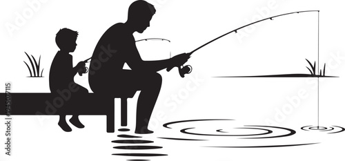 Black silhouette of man and child fishing