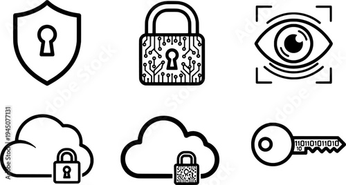 Clean outline digital protection and privacy symbols collection, "Created with AI assistance and manually refined."