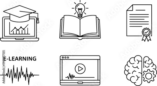 Clean outline online learning and academic symbols collection, "Created with AI assistance and manually refined."