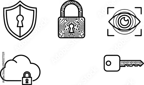 Minimalist cyber-defense and data security icon set, "Created with AI assistance and manually refined."