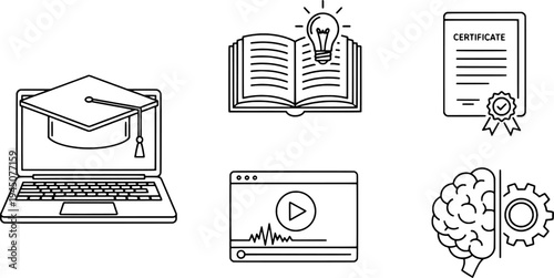 Minimalist e-learning and digital education icon set, "Created with AI assistance and manually refined."