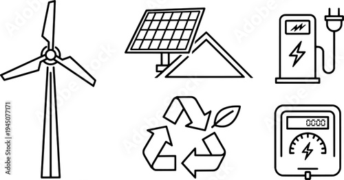Minimalist sustainable energy and EV charging icon set, "Created with AI assistance and manually refined."