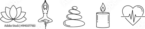 Clean outline mindfulness and self-care symbols collection, "Created with AI assistance and manually refined."