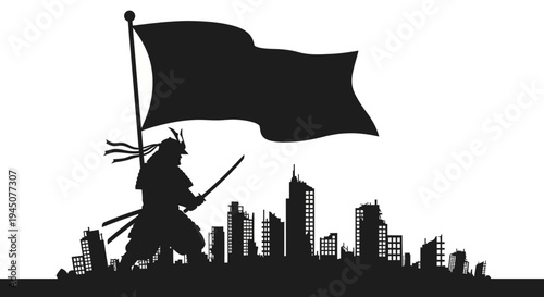 Samurai Warrior with Flag in Ruined City Silhouette