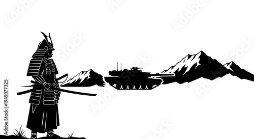 Samurai Warrior Facing Modern Tank in Mountain Landscape - East Meets West Concept