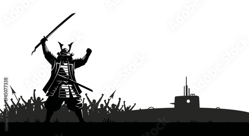 Samurai Warrior with Sword and Crowd Confronts Submarine in Silhouette